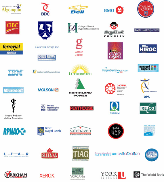 logos of some of our
                 	clients, including BDC, Bell, BMO, CIBC, IBM, Microsoft, IMB, HIROC, Molson,
                    Markham, Xerox, York U, Sleeman, Etc.